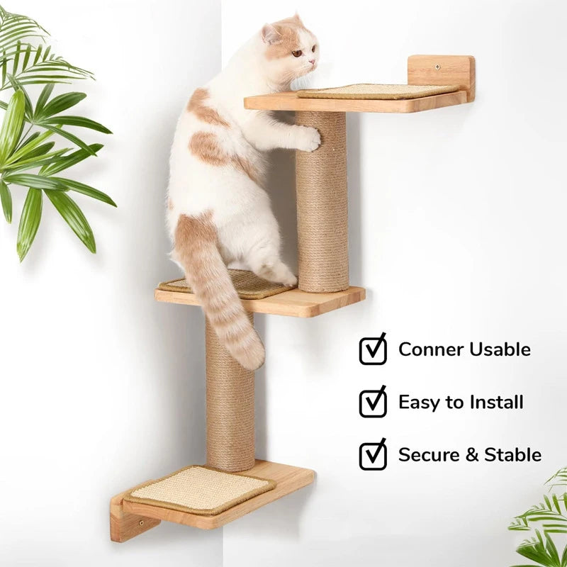 Cat Climbing Shelves Wall Mounted Furniture for Cats Jumping Platform Cat Scratching Post Ladder Wooden Steps Cat Wall Perch