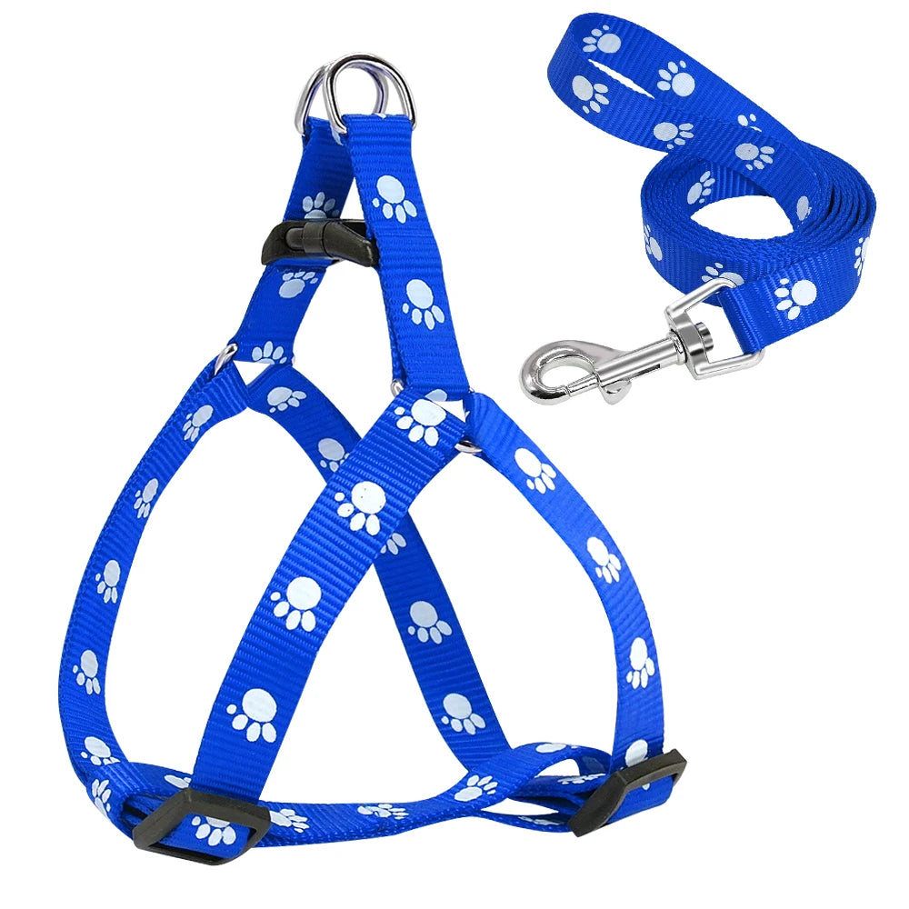 Juego de arnés y correa para perros de nailon, arnés ajustable con estampado de pata para perros, correa para caminar para perros pequeños y medianos S/M/L