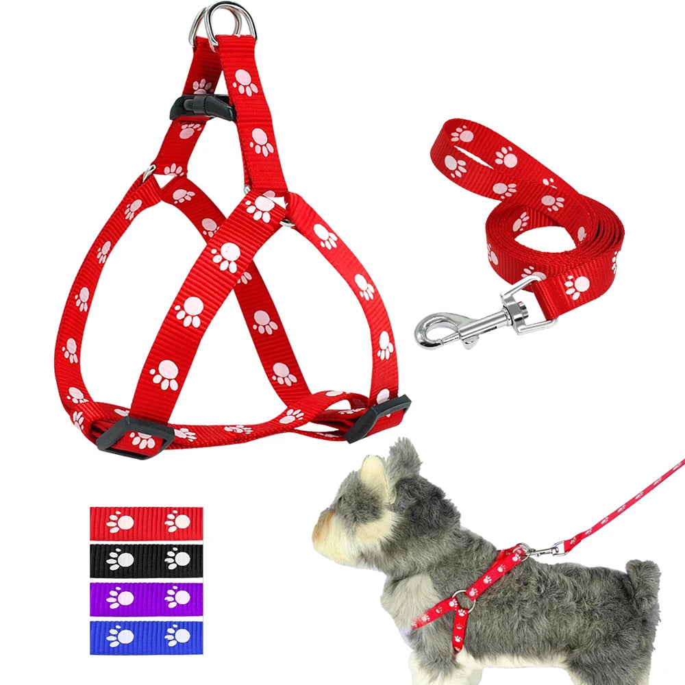 Juego de arnés y correa para perros de nailon, arnés ajustable con estampado de pata para perros, correa para caminar para perros pequeños y medianos S/M/L