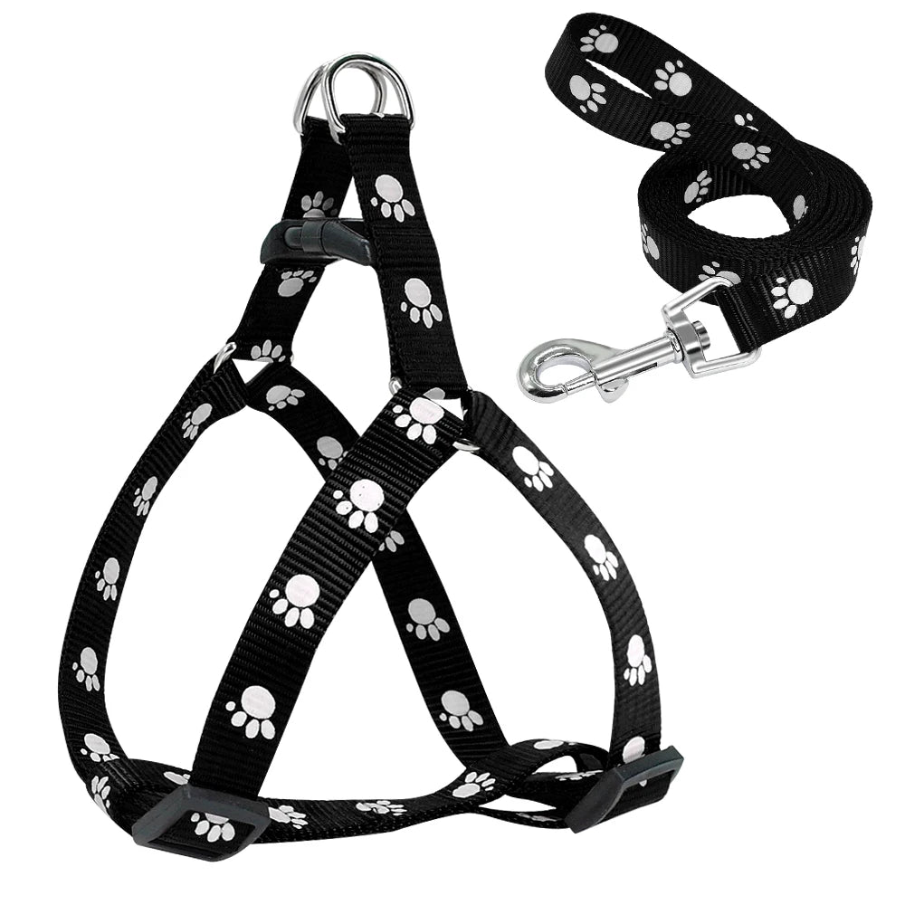Juego de arnés y correa para perros de nailon, arnés ajustable con estampado de pata para perros, correa para caminar para perros pequeños y medianos S/M/L