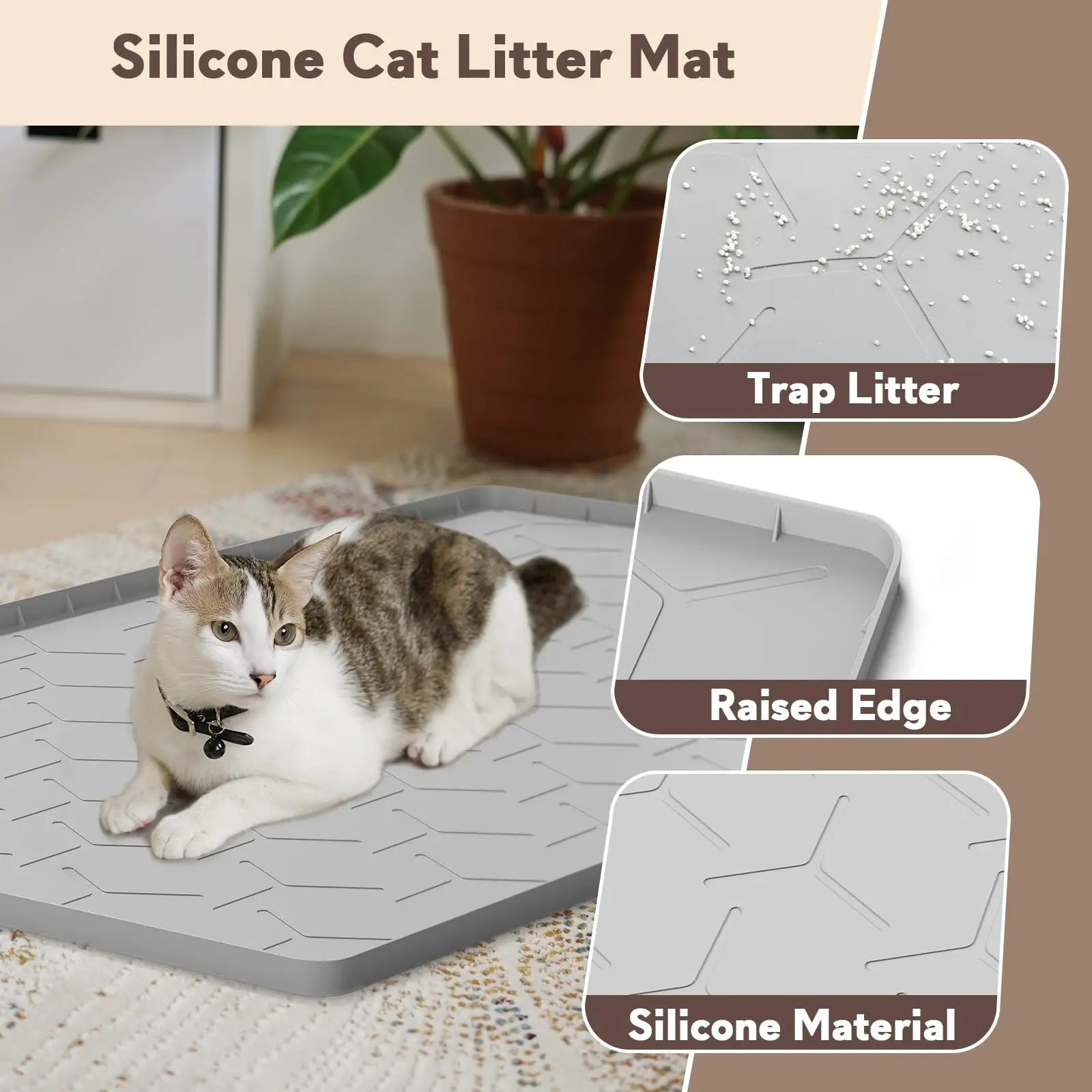 Estera para gatos impermeable de silicona. Alfombrilla grande 34x22 pulgadas para caja de arena (gris)