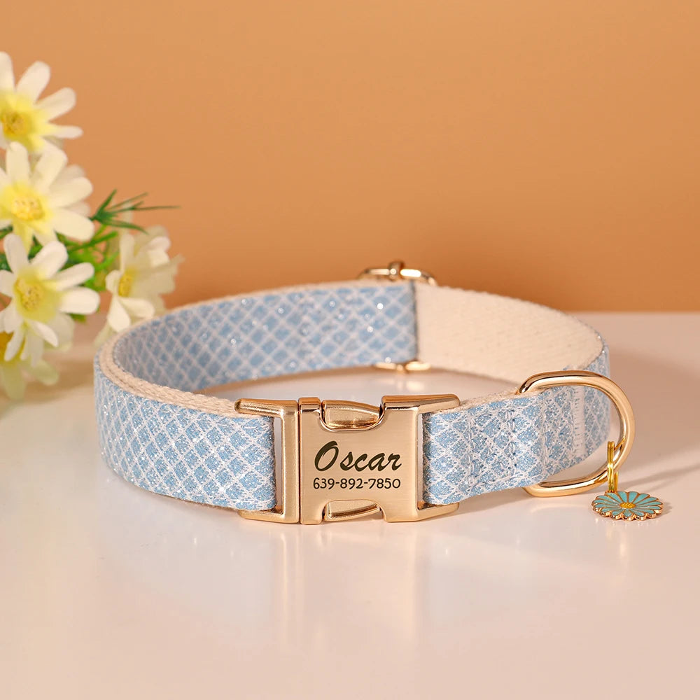 Collar personalizado para perros. Nailon grabado con nombre y adorno floral