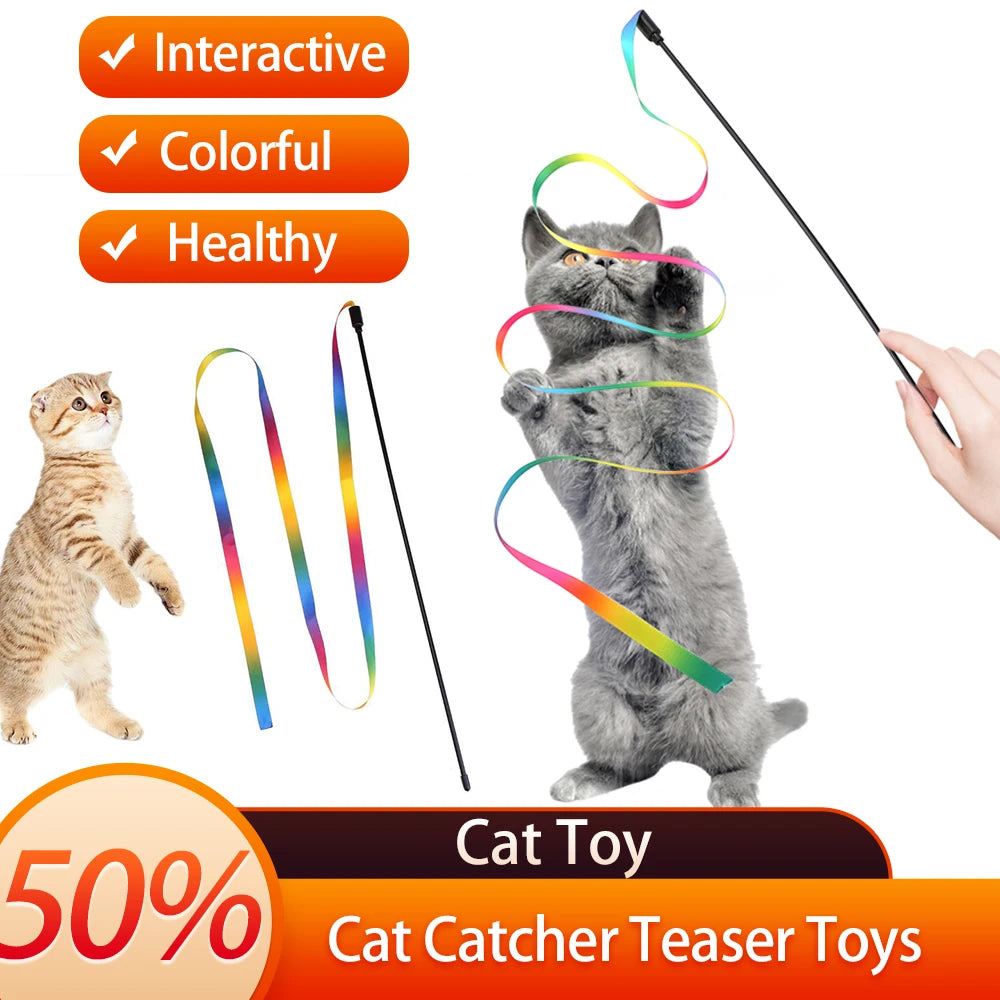 Juguetes para gatos, varita teaser colorida y divertida, juguetes de plástico para mascotas para gatos, palo interactivo, suministros para gatos