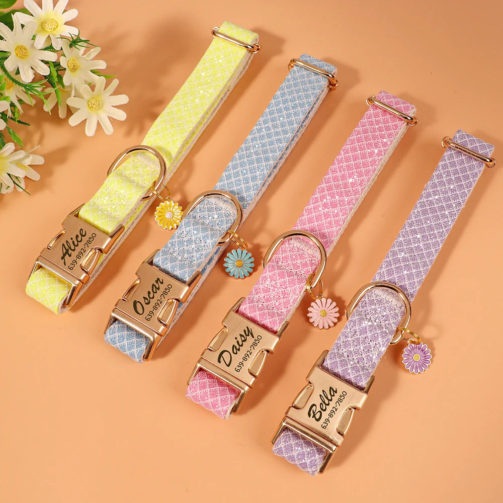 Collar personalizado para perros. Nailon grabado con nombre y adorno floral