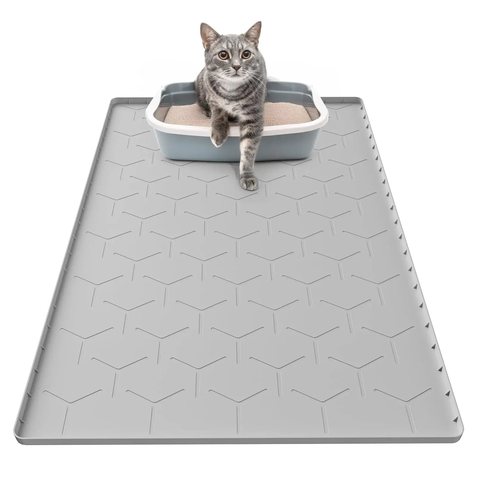 Estera para gatos impermeable de silicona. Alfombrilla grande 34x22 pulgadas para caja de arena (gris)