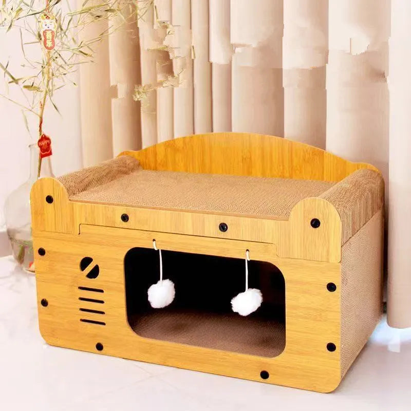 Cama rascador para gatos, tablero corrugado desmontable de madera, juguete de bola colgante con agujero para gato, apartamento de cama para gatos de cartón de gran espacio