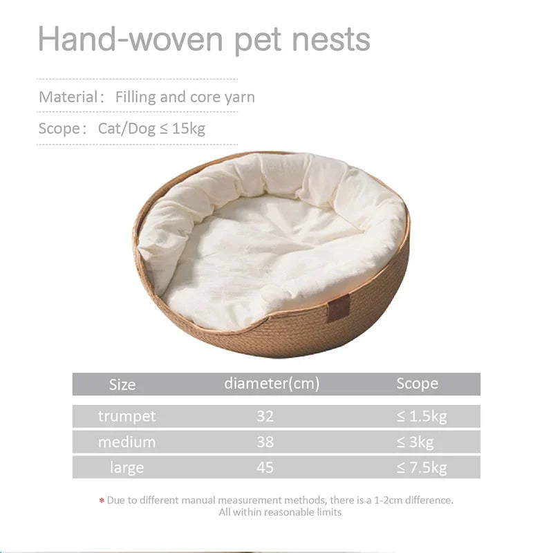 Estera para Gato, cama para perro, sofá hecho a mano, tejido de bambú, cestas nido acogedoras para las cuatro estaciones, cojín extraíble impermeable, casa para dormir