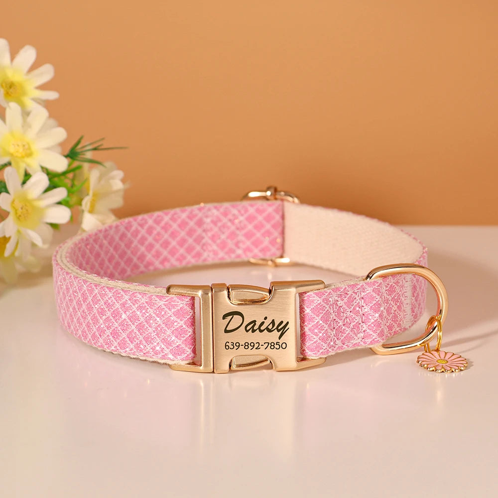 Collar personalizado para perros. Nailon grabado con nombre y adorno floral